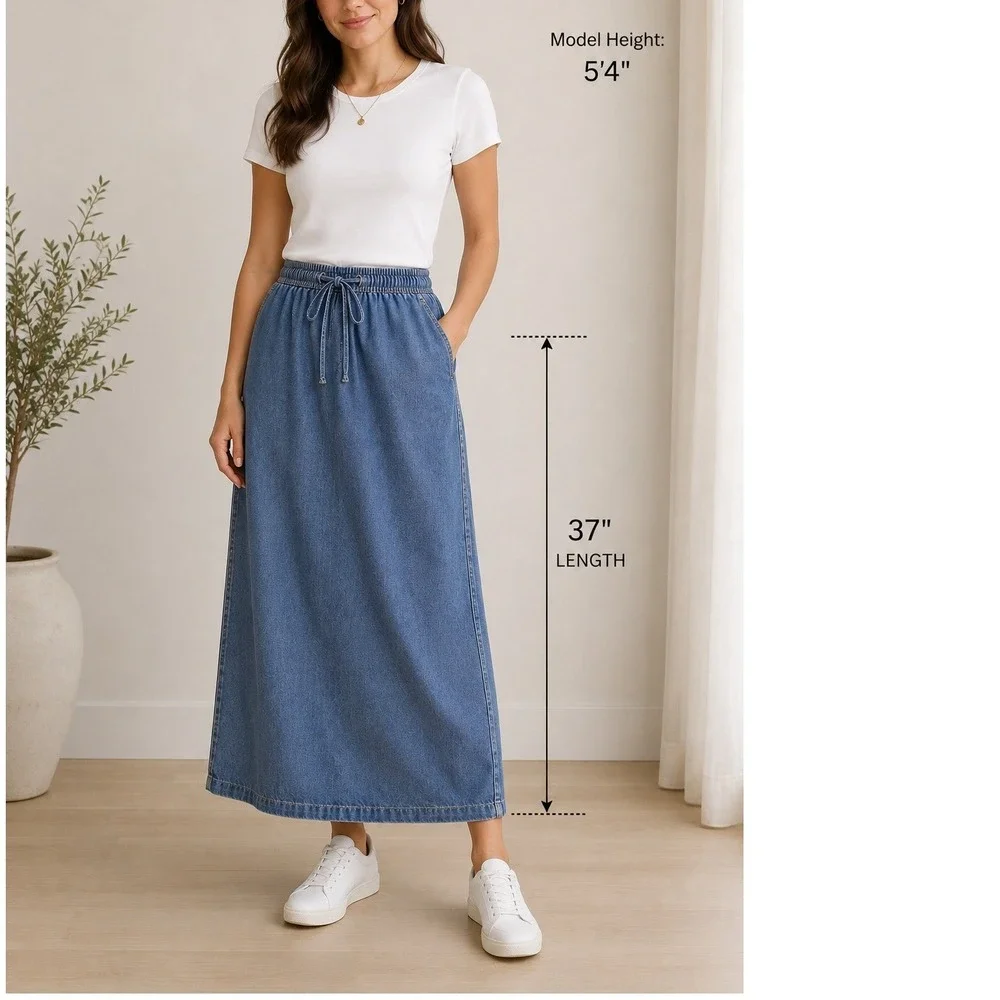 1990s Better Than Basic Denim Medium Maxi Skirt  Blue Modest Side Slit‎ Pockets